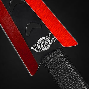 Close-up of Target Master Falcon 6 PCS Red Throwing Knives Set with sleek red blades and textured grips