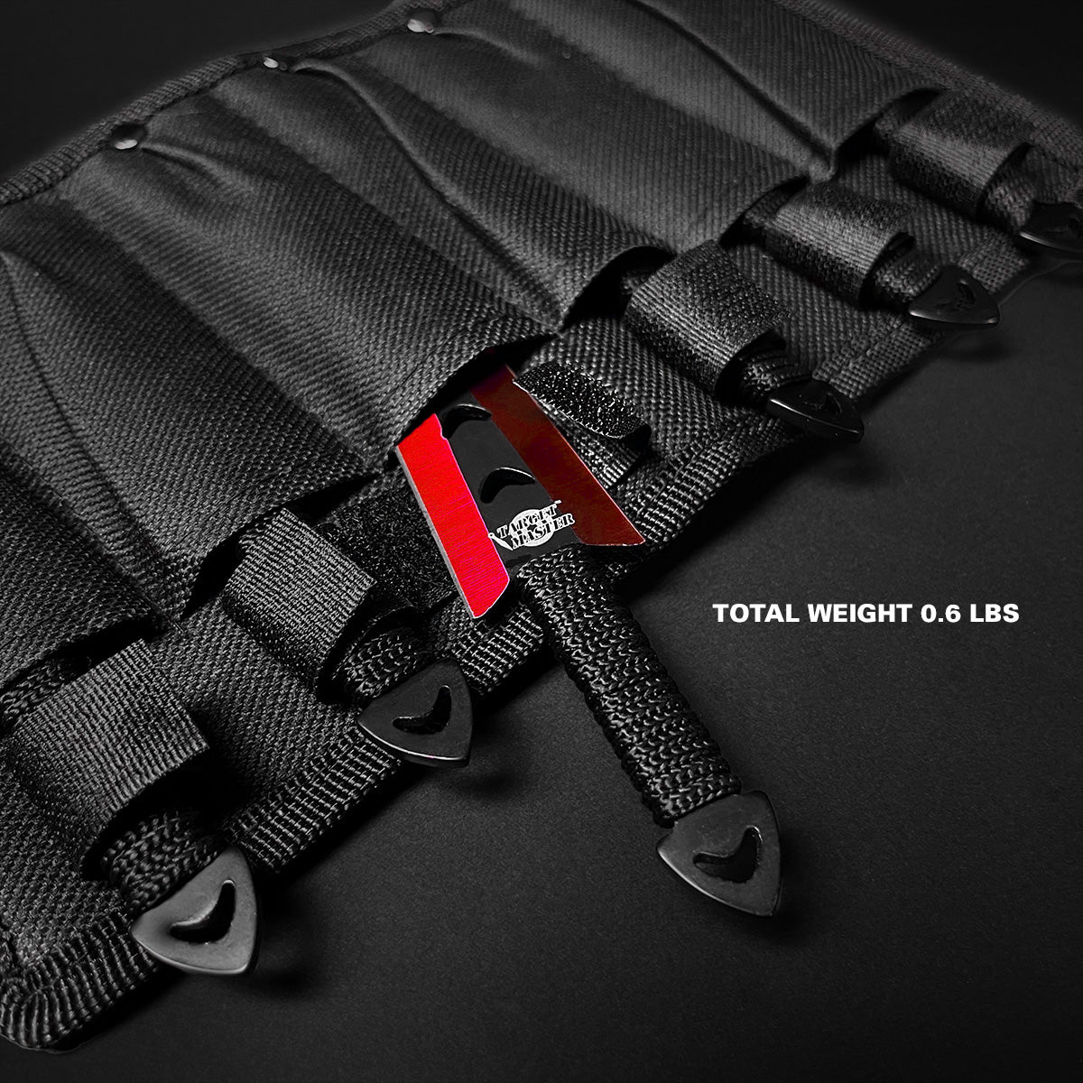 Falcon 6 PCS Red Throwing Knives Set displayed in a black carrying case with secure straps