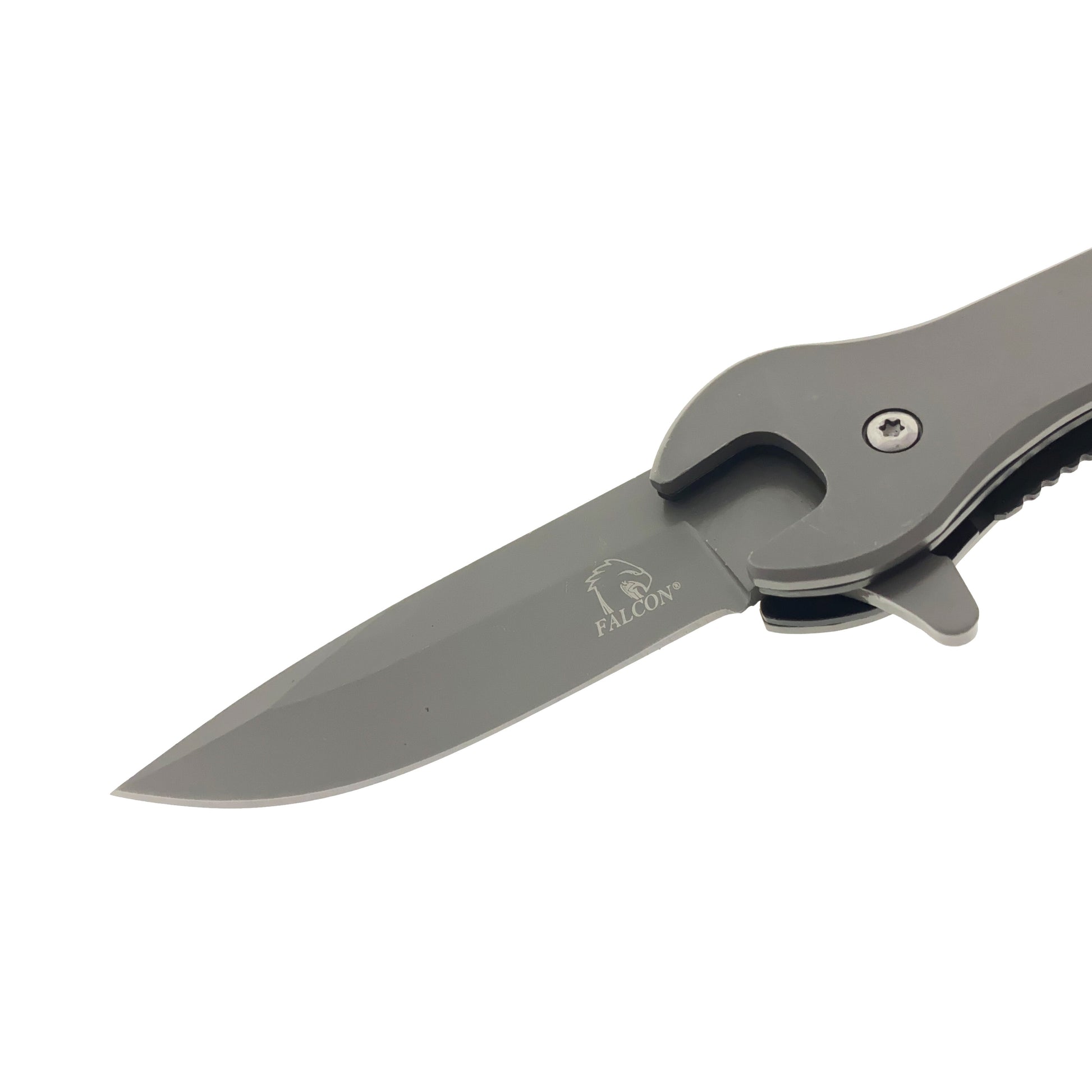 Falcon 7.75" Gray Spring Assisted Knife with Wrench Function for versatile outdoor tasks