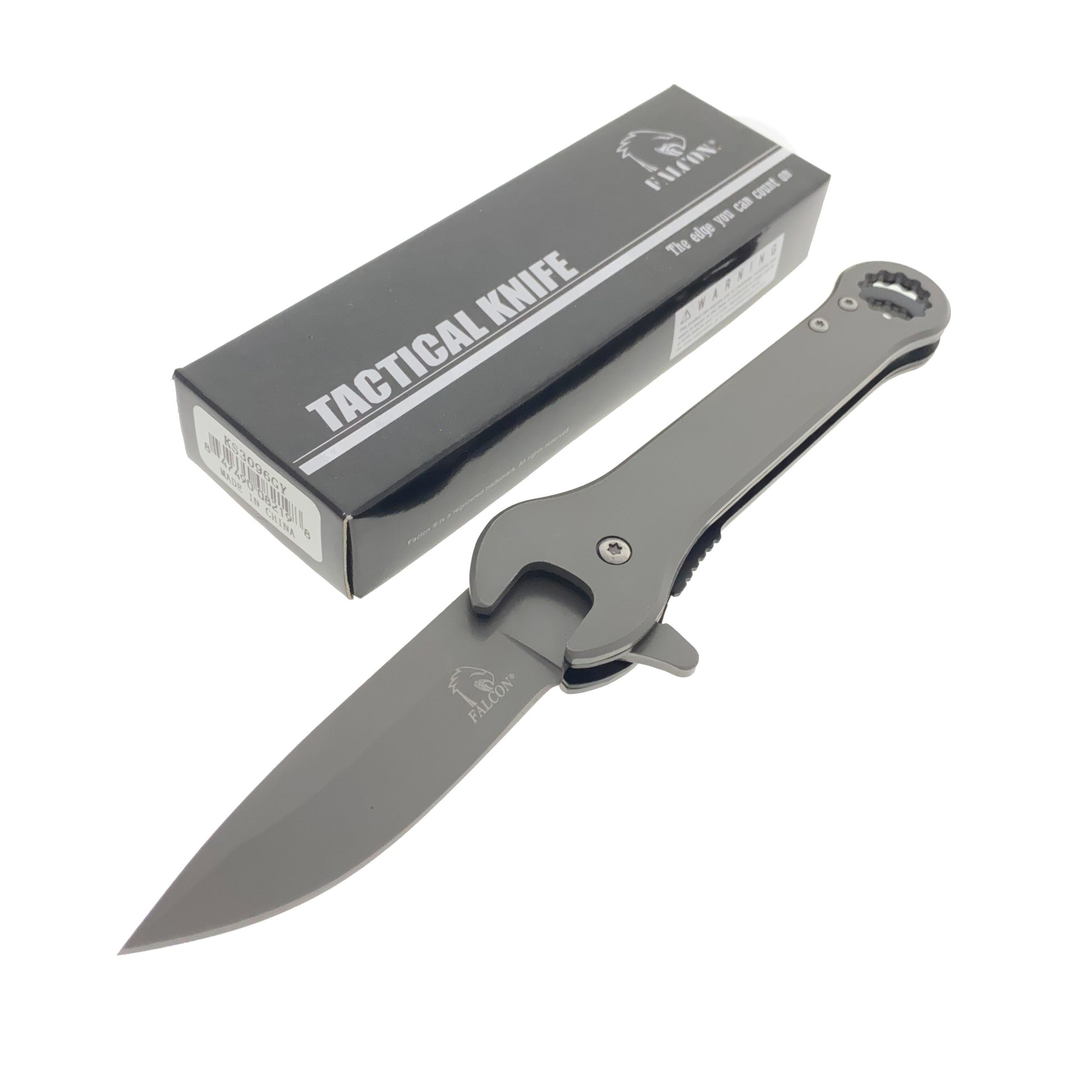 Falcon 7.75" Gray Spring Assisted Knife with Wrench Function, perfect for outdoor and everyday use
