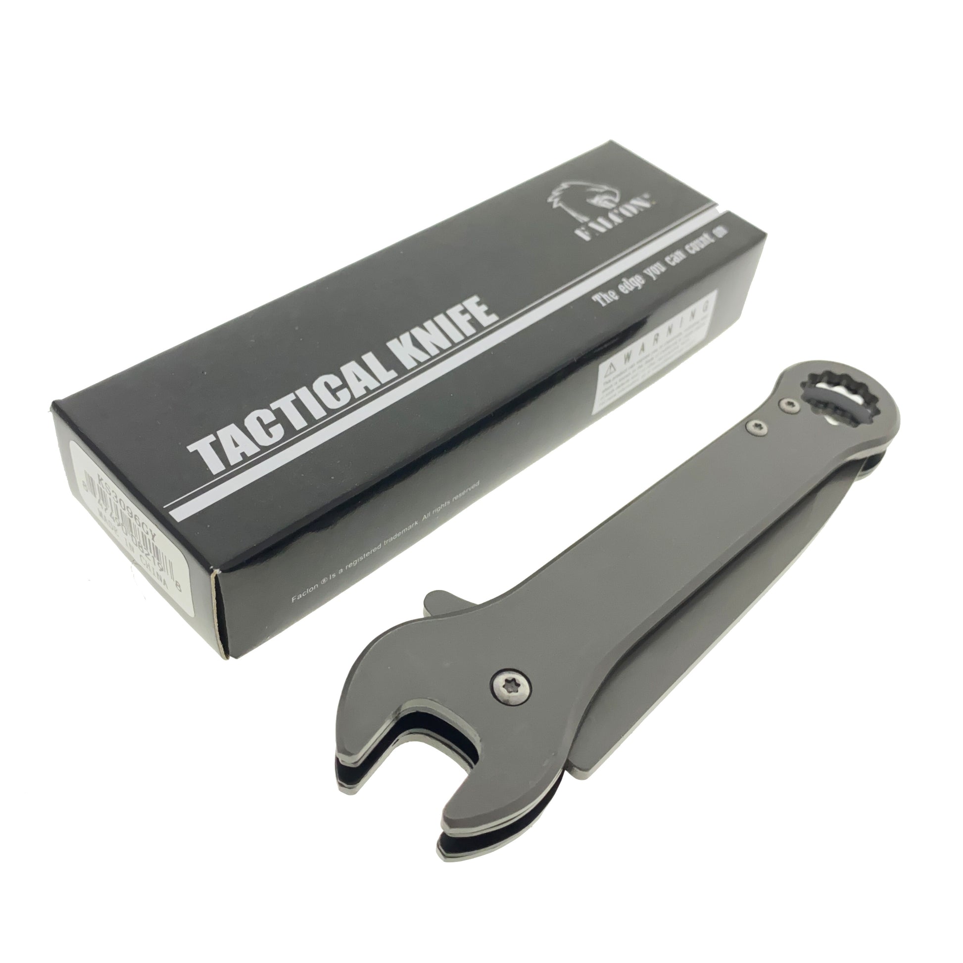 Falcon 7.75" Gray Spring Assisted Knife with Wrench Function inside a black box for tactical use
