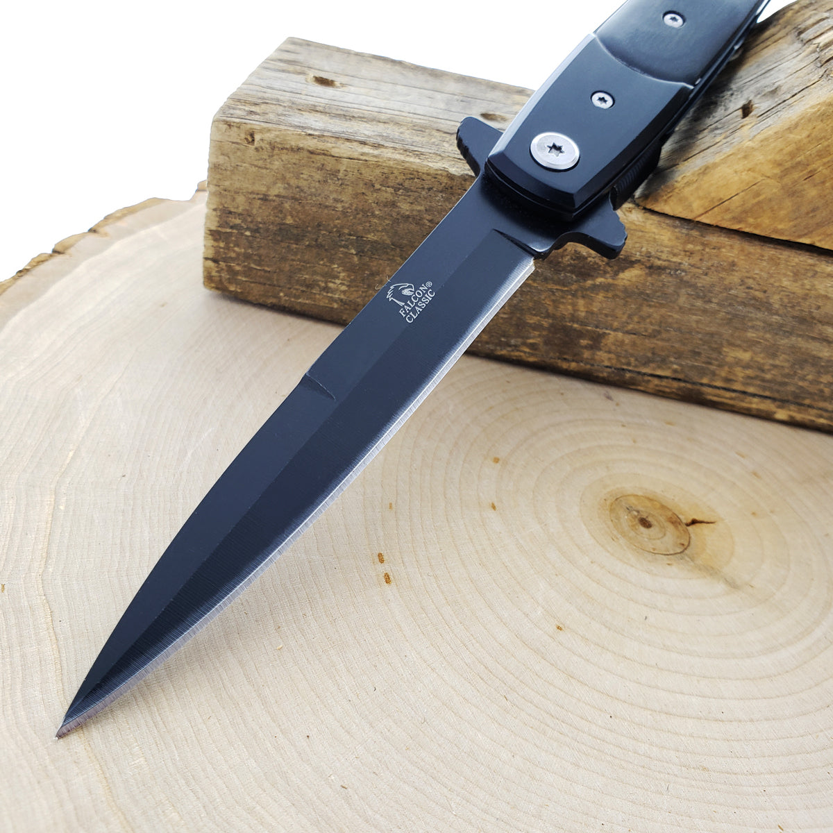 Falcon 8 3/4" Black Spring Assisted Stiletto Knife with a sleek design and sharp blade