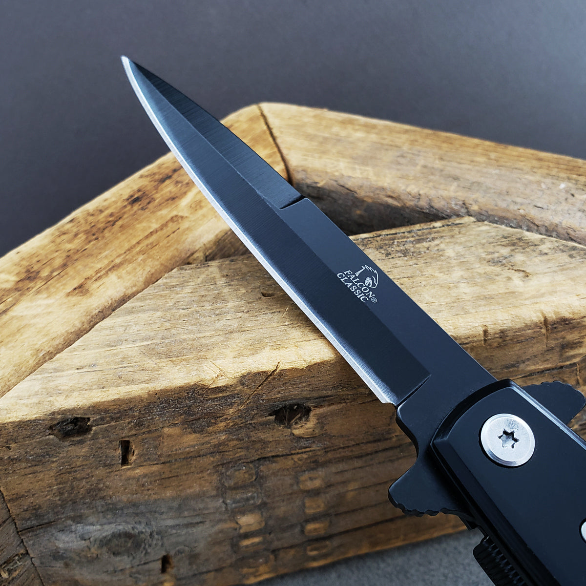 Falcon 8 3/4" Black Spring Assisted Stiletto Knife with sleek blade and ergonomic handle