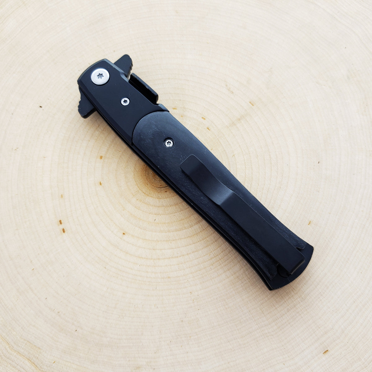 Falcon 8 3/4" Black Spring Assisted Stiletto Knife with sleek handle and pocket clip for easy carrying