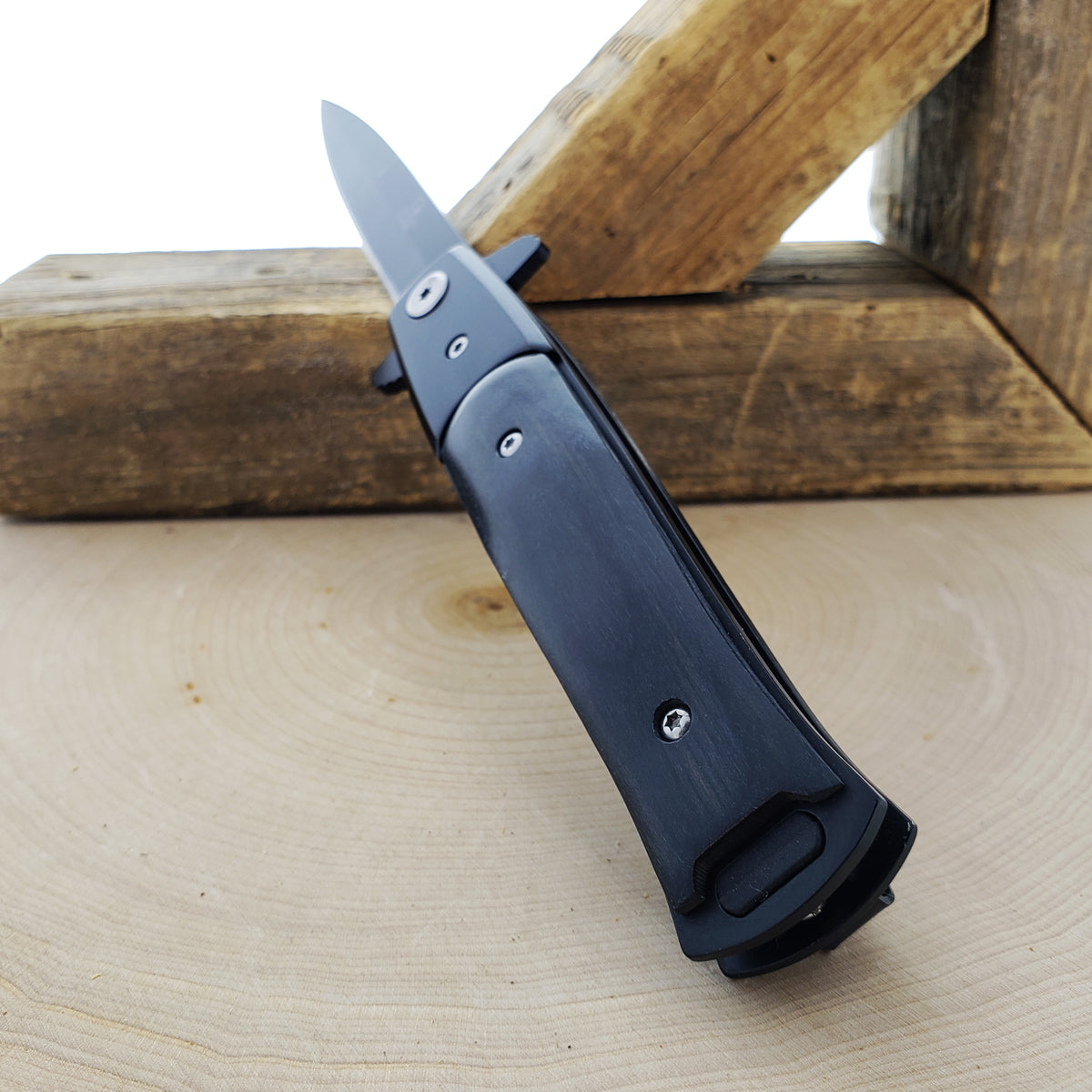 Falcon 8 3/4" Black Spring Assisted Stiletto Knife with sleek design and easy open mechanism