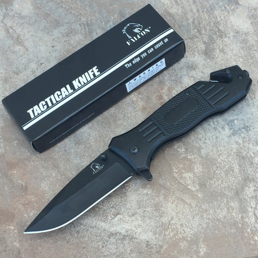 Falcon 8" Spring Assisted Knife w/ Glass Breaker and Bottle Opener in a tactical design with a black handle