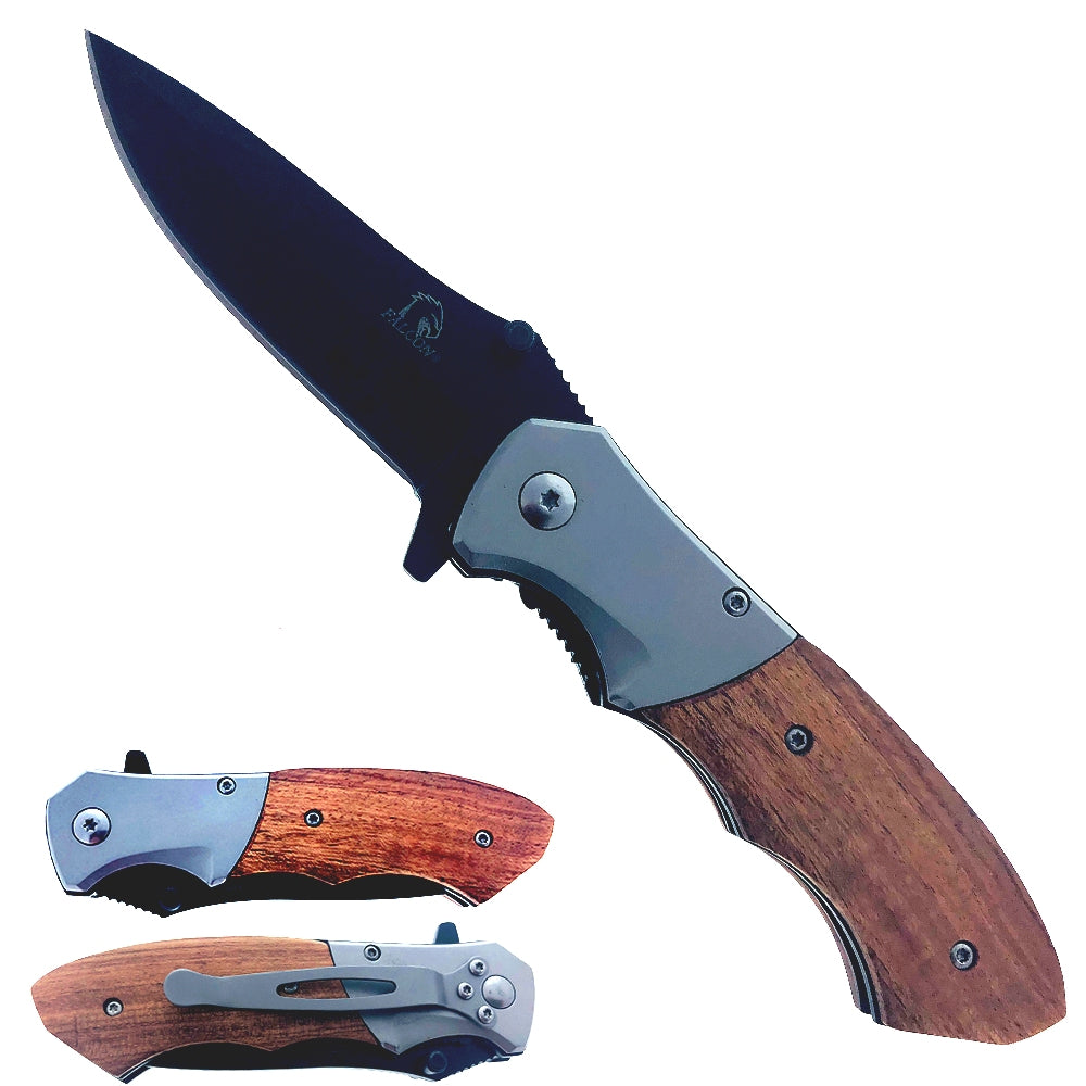 Falcon Aluminum and Wood Handle Spring Assisted Knife with sleek blade and ergonomic design