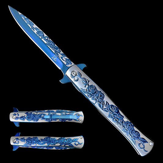 Falcon blue rose assisted knife featuring intricate floral designs on a sleek handle