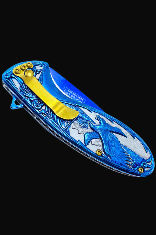 Guild Arms Falcon Blue Spring Assisted Knife Eagle Handle with blue eagle design and gold pocket clip
