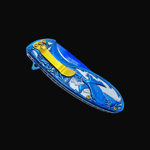 Guild Arms Falcon Blue Spring Assisted Knife Eagle Handle with blue eagle design and gold pocket clip