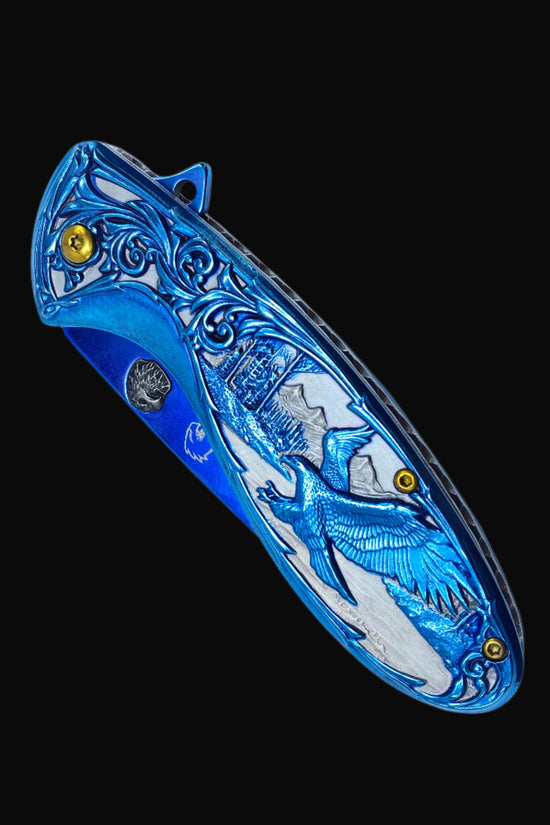 Guild Arms Falcon Blue Spring Assisted Knife Eagle Handle pocket knife with detailed blue eagle design