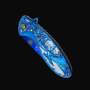 Guild Arms Falcon Blue Spring Assisted Knife Eagle Handle pocket knife with detailed blue eagle design