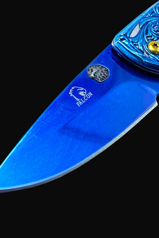 Falcon Blue Spring Assisted Knife Eagle Handle with detailed blue blade and ornate handle design