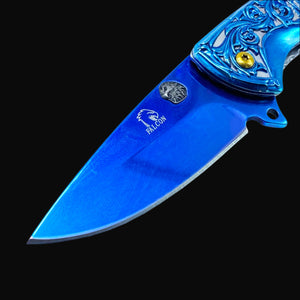 Falcon Blue Spring Assisted Knife Eagle Handle with detailed blue blade and ornate handle design
