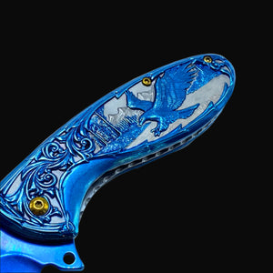 Falcon Blue Spring Assisted Knife Eagle Handle with detailed eagle design and engraved blue metal grip