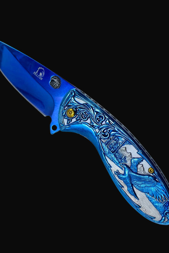 Guild Arms Falcon Blue Spring Assisted Knife Eagle Handle with detailed blue and silver eagle design