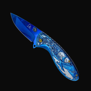 Guild Arms Falcon Blue Spring Assisted Knife Eagle Handle with detailed blue and silver eagle design