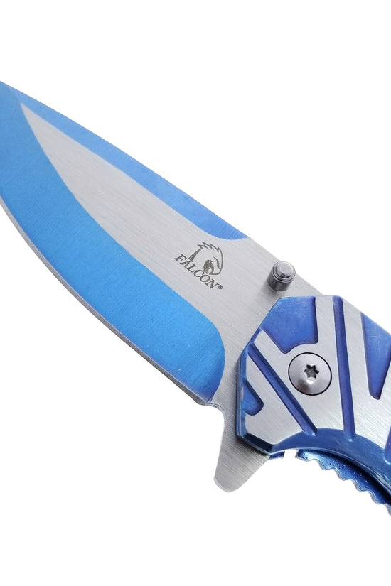 Falcon Blue Spring Assisted Pocket Knife with a sleek blade and textured handle for easy grip