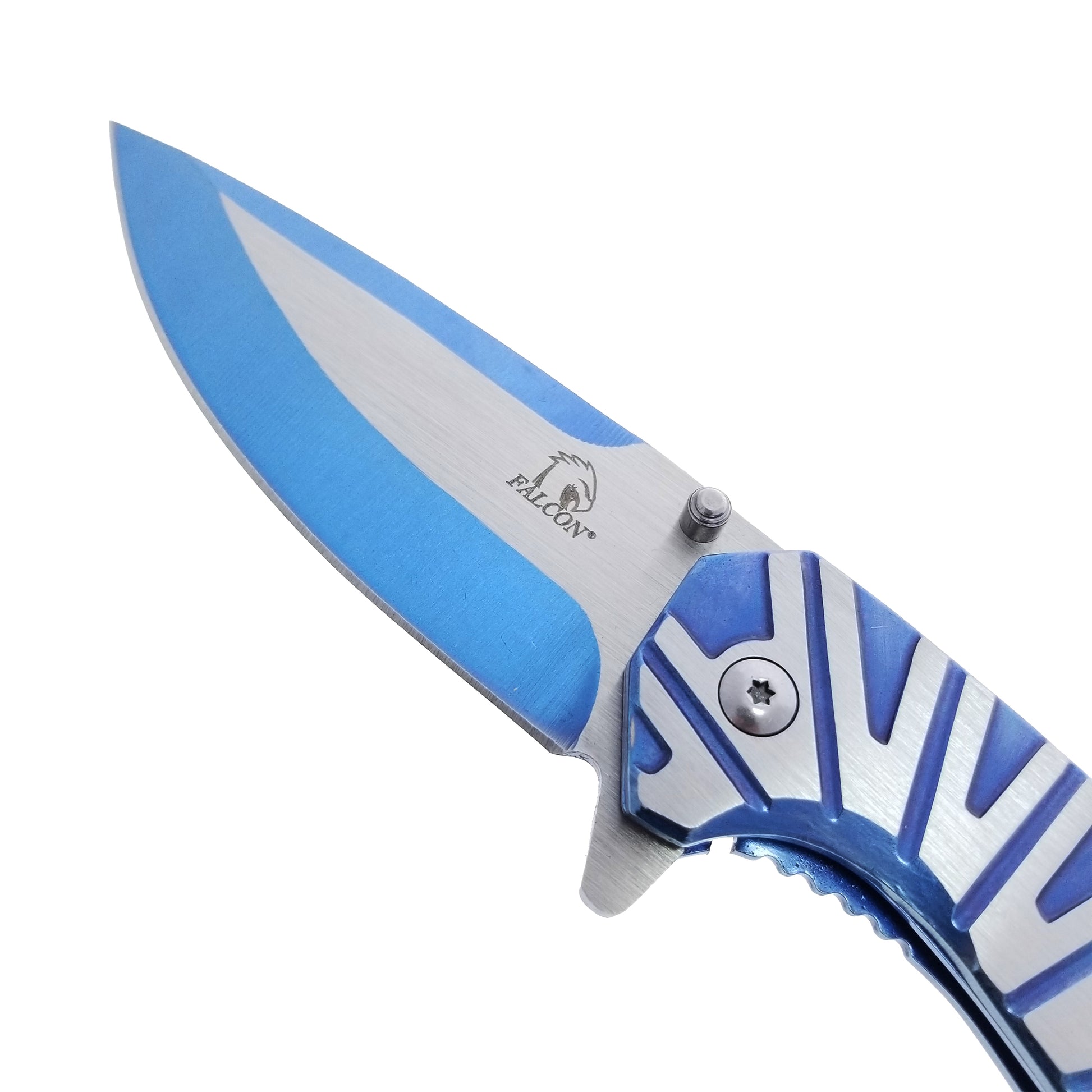 Falcon Blue Spring Assisted Pocket Knife with a sleek blade and textured handle for easy grip