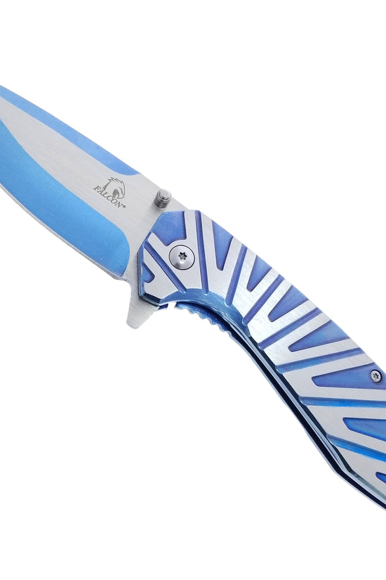 Falcon Blue Spring Assisted Pocket Knife with a sleek blue handle and stainless steel blade