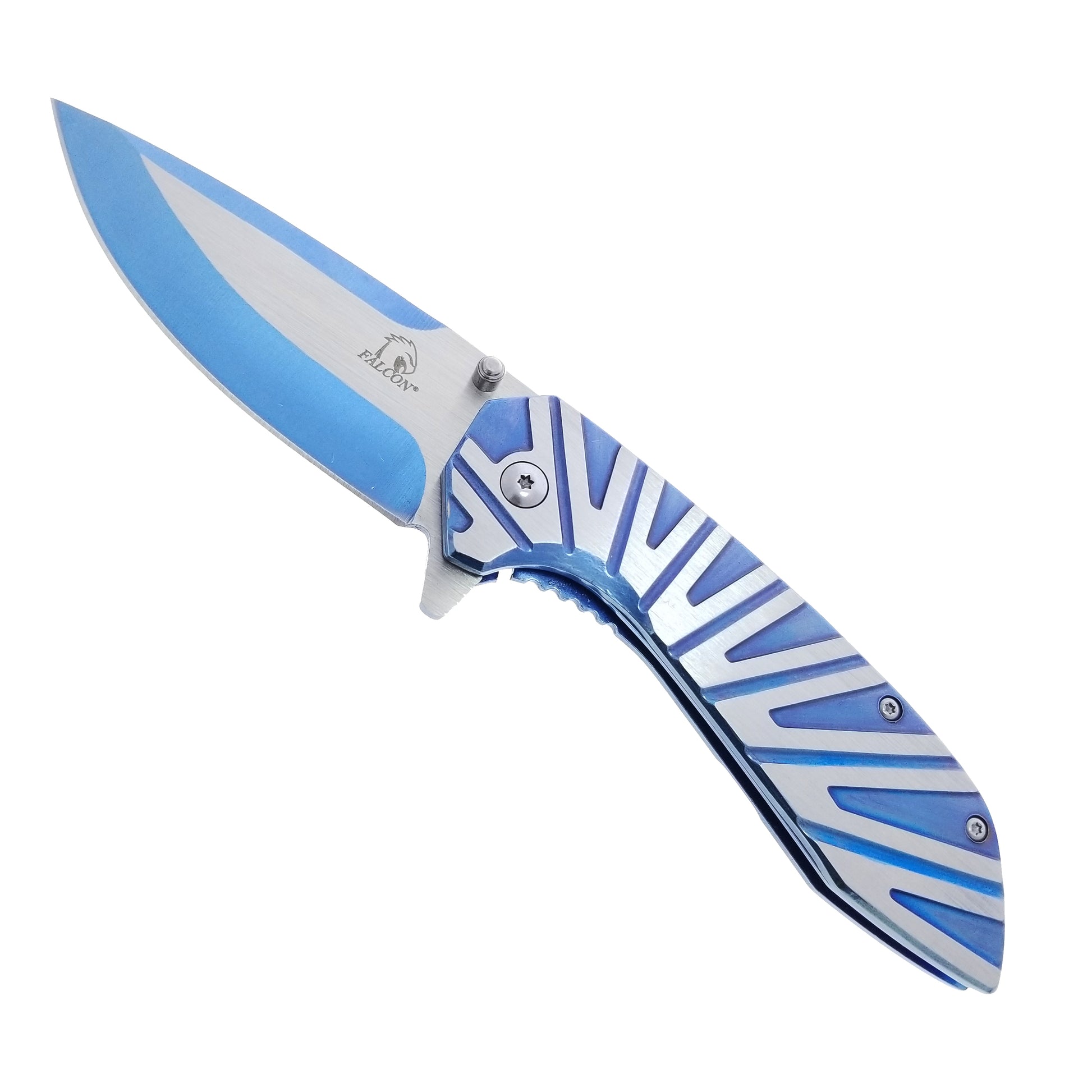 Falcon Blue Spring Assisted Pocket Knife with a sleek blue handle and stainless steel blade