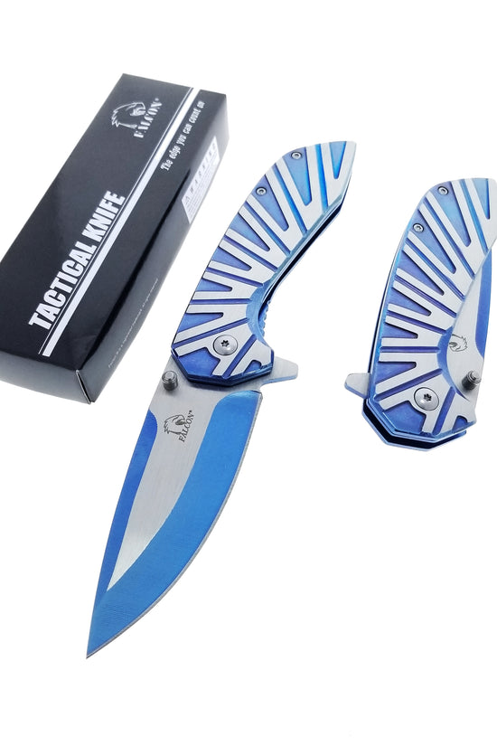 Falcon Blue Spring Assisted Pocket Knife with a sleek design and stainless steel blade for easy deployment