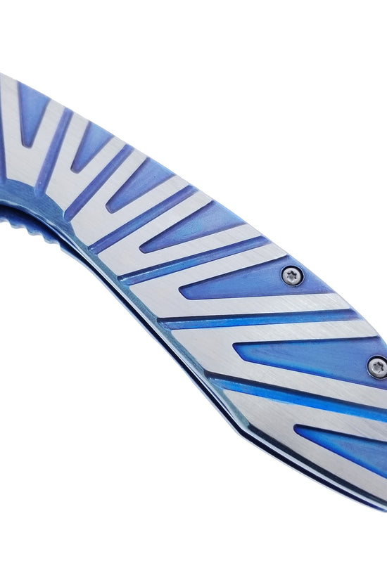 Falcon Blue Spring Assisted Pocket Knife with a sleek blue and silver handle design for easy handling