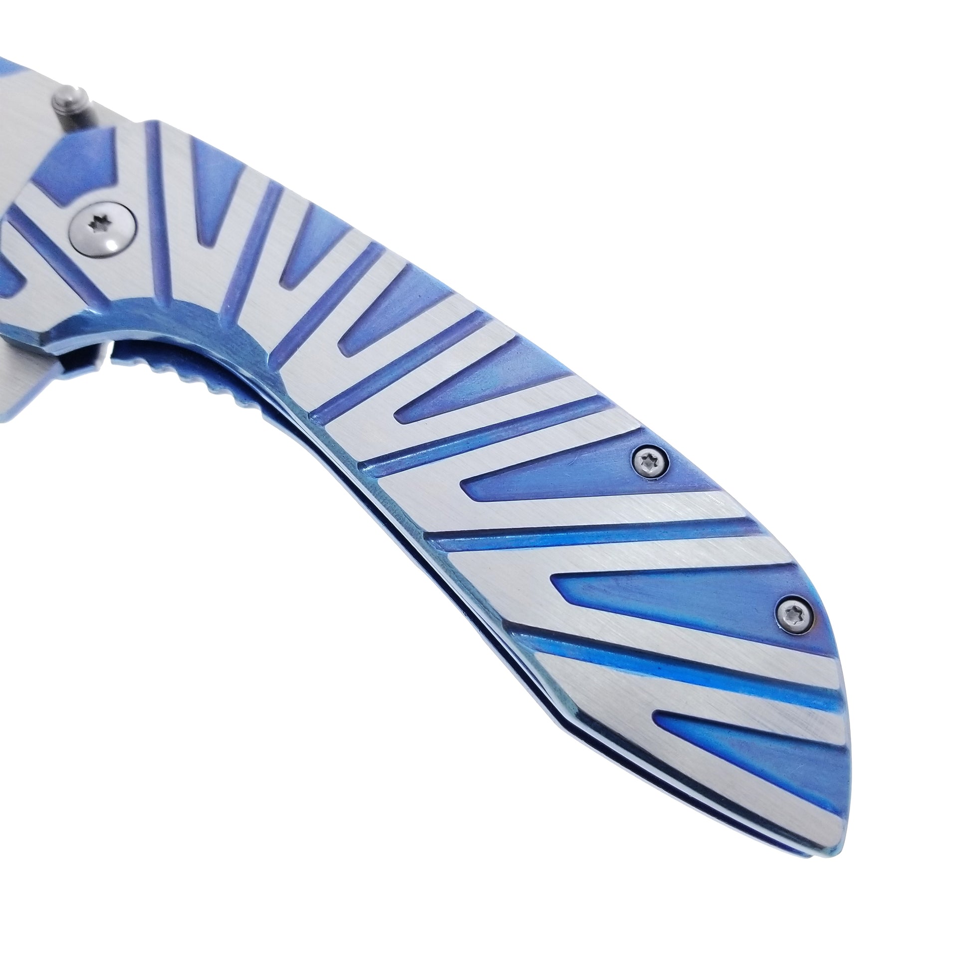 Falcon Blue Spring Assisted Pocket Knife with a sleek blue and silver handle design for easy handling