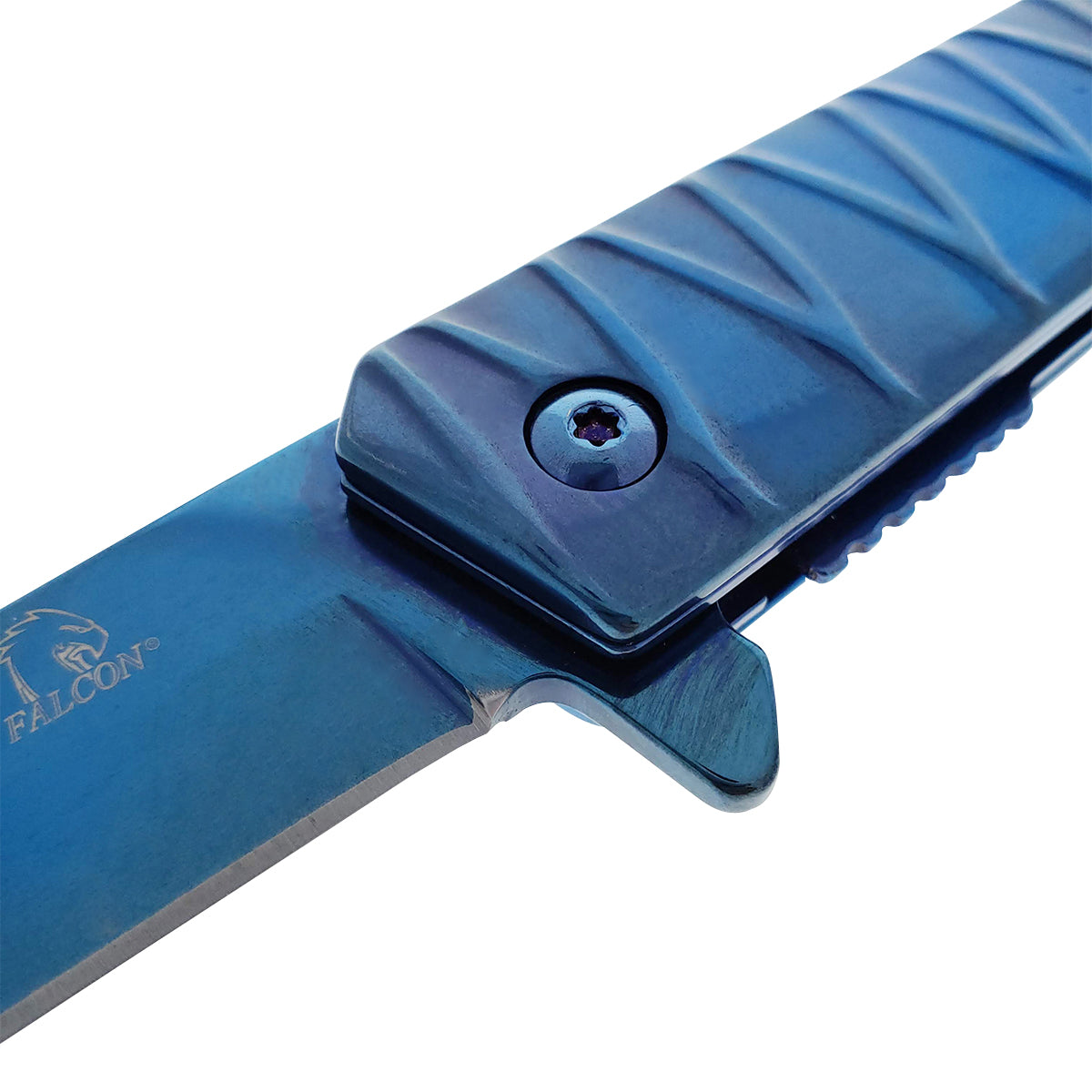 Falcon Blue Tanto Blade Spring Assisted Pocket Knife with a textured handle and sleek design