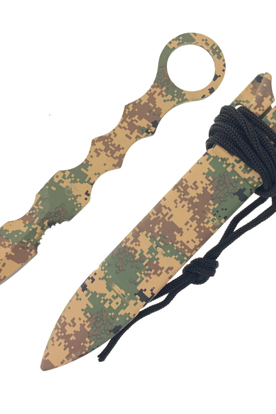 Falcon Brown Camouflage Tactical Knife with unique design and durable sheath for outdoor use