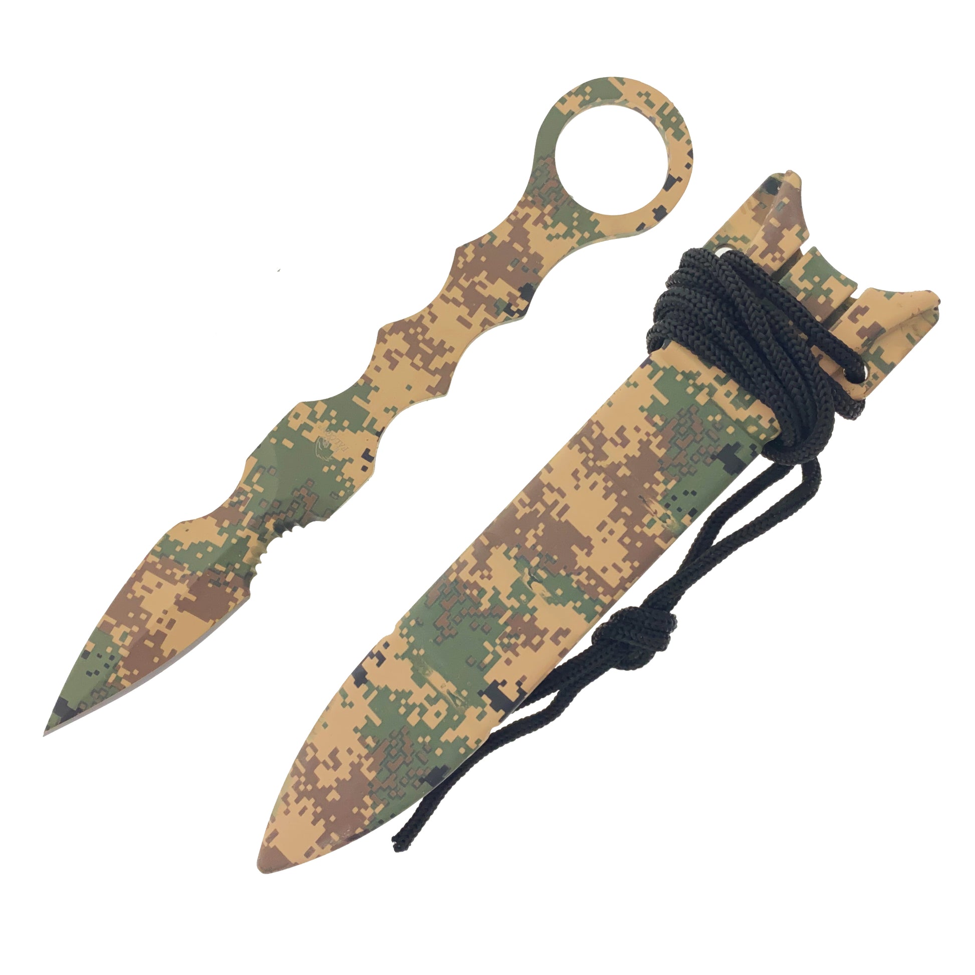 Falcon Brown Camouflage Tactical Knife with unique design and durable sheath for outdoor use