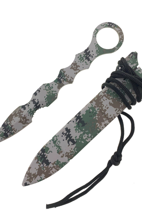 Falcon Camouflage Tactical Knife with a unique design and durable sheath for outdoor activities