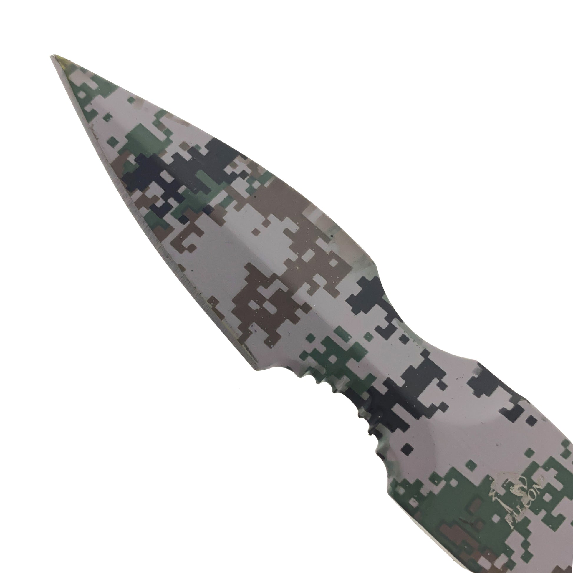 Falcon Camouflage Tactical Knife with a pointed blade designed for outdoor and survival use