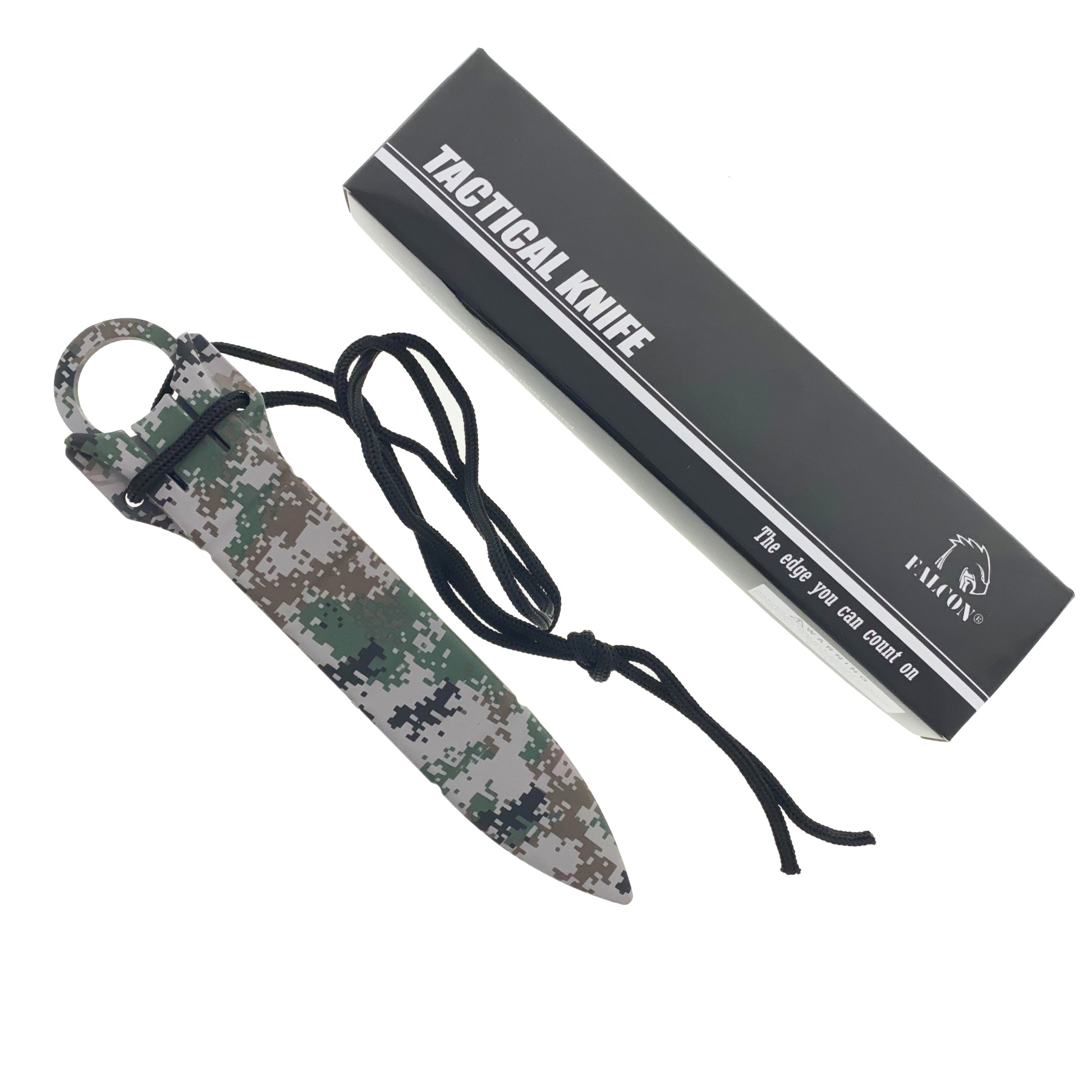 Falcon Camouflage Tactical Knife with Sheath and Lanyard for Outdoor Adventures