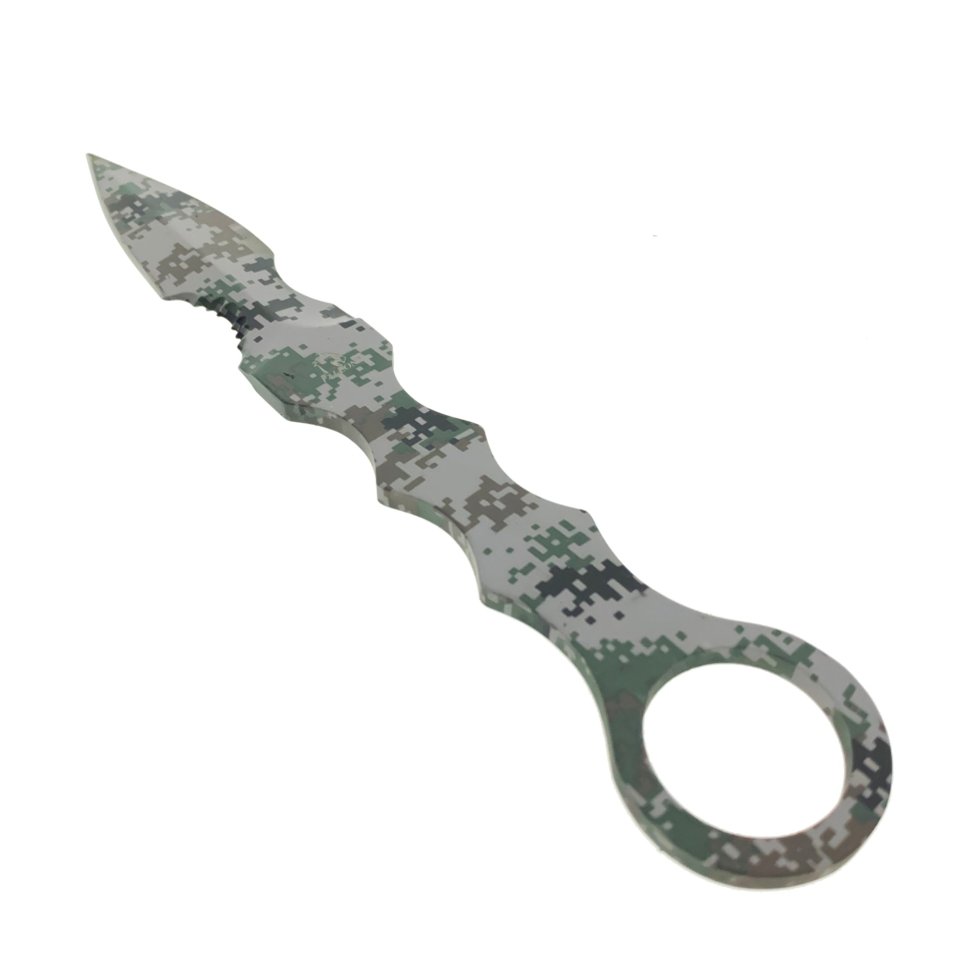 Falcon Camouflage Tactical Knife with ergonomic design and unique blade shape for outdoor enthusiasts