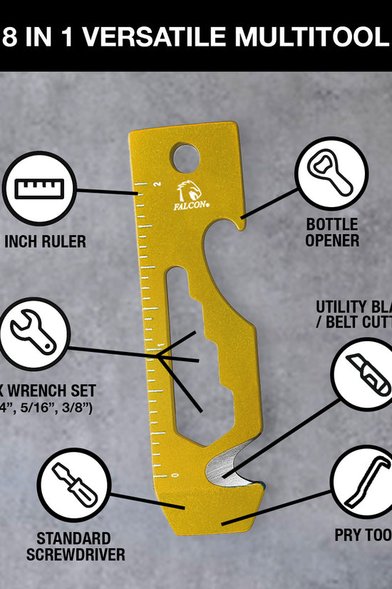 Falcon gold 8 in 1 Multitool card with 2 inch ruler bottle opener hex wrenches screwdriver pry tool belt cutter