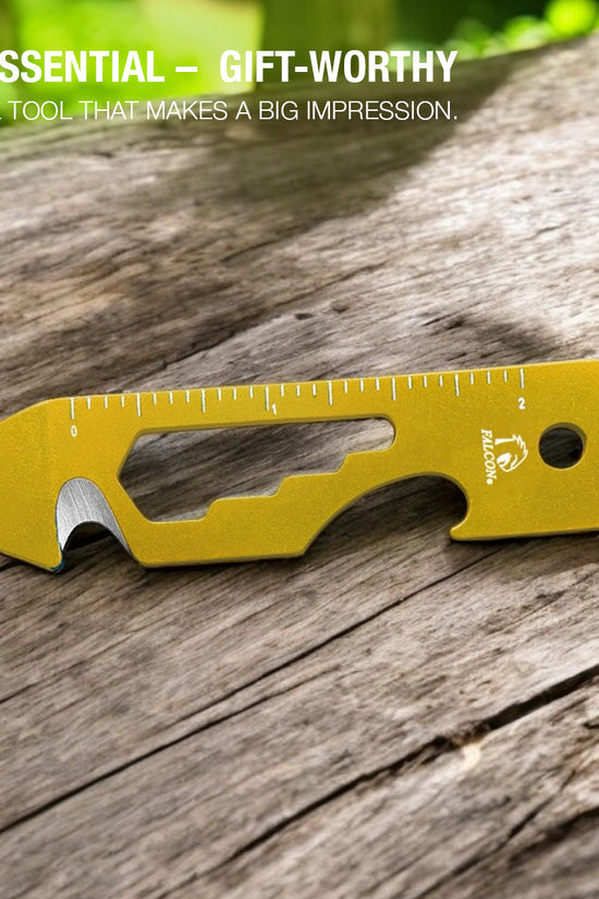 Falcon Multitool in gold with ruler markings bottle opener wrench cutouts compact EDC tool