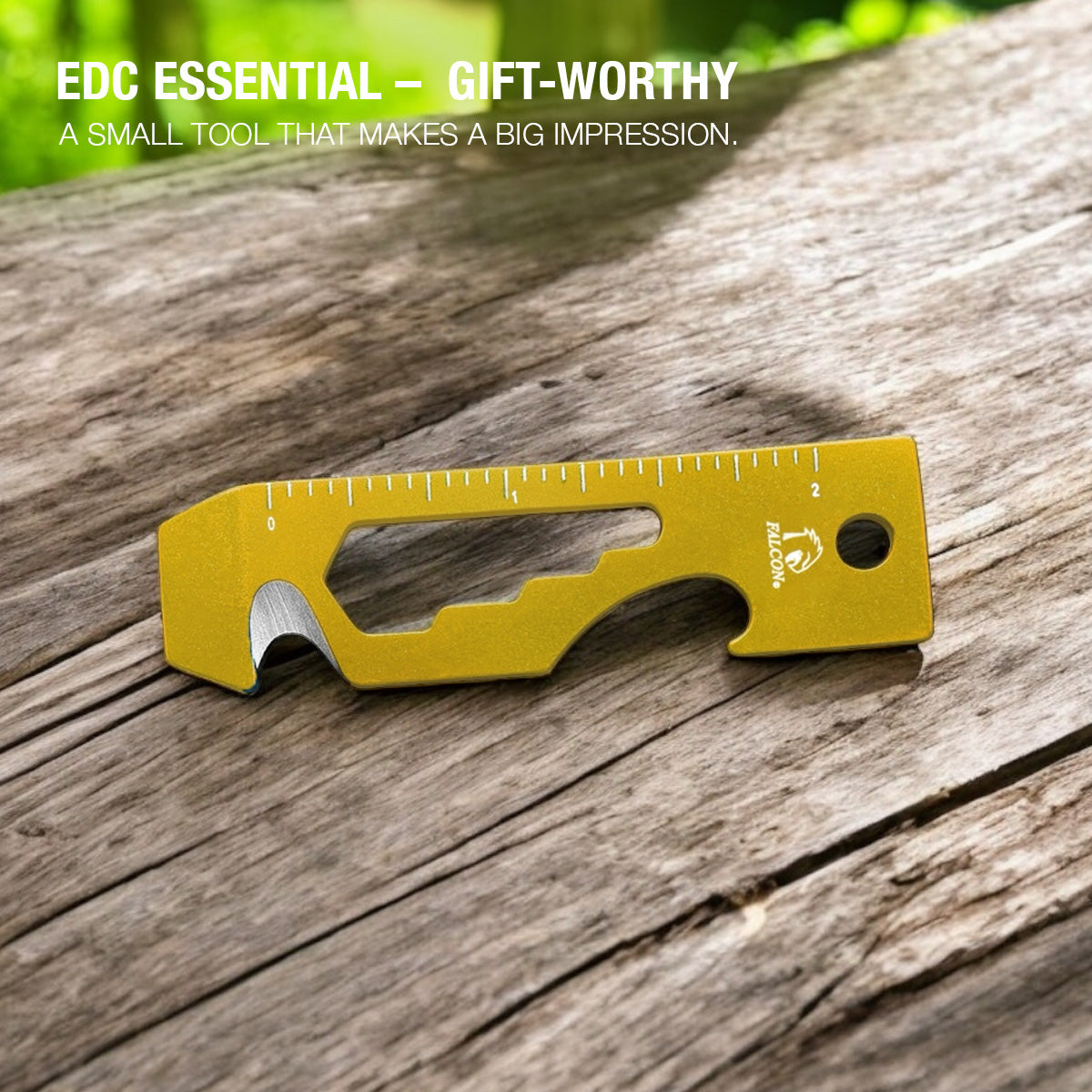 Falcon Multitool in gold with ruler markings bottle opener wrench cutouts compact EDC tool