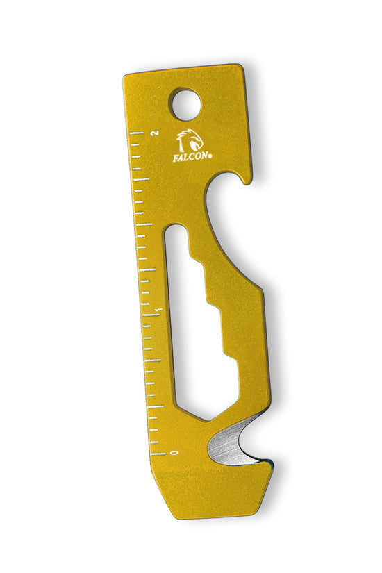 Falcon multitool credit card sized gold aluminum with ruler bottle opener hex wrenches and cutting edge