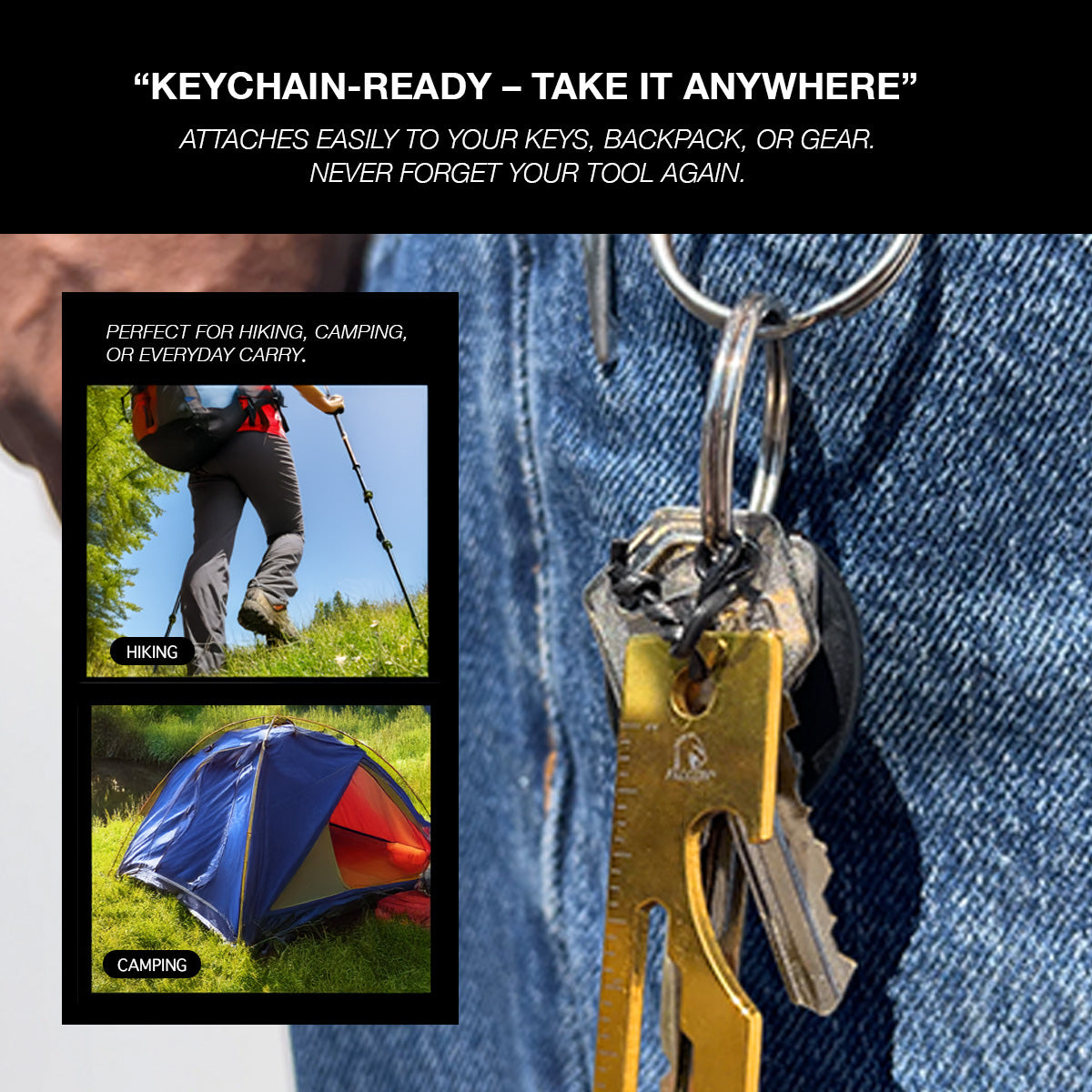 Falcon multitool on a keyring attached to jeans pocket, keychain ready for hiking, camping, everyday carry