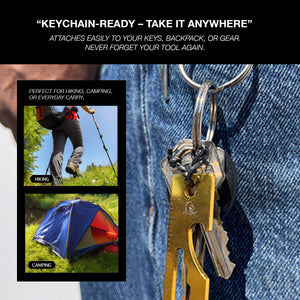 Falcon multitool on a keyring attached to jeans pocket, keychain ready for hiking, camping, everyday carry