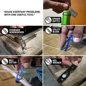 Falcon multitool showing bottle opener screwdriver utility blade belt cutter and hex wrench in use
