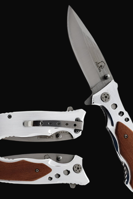 Falcon EDC knife wood handle spring assisted pocket knife with stainless steel blade and wooden grip