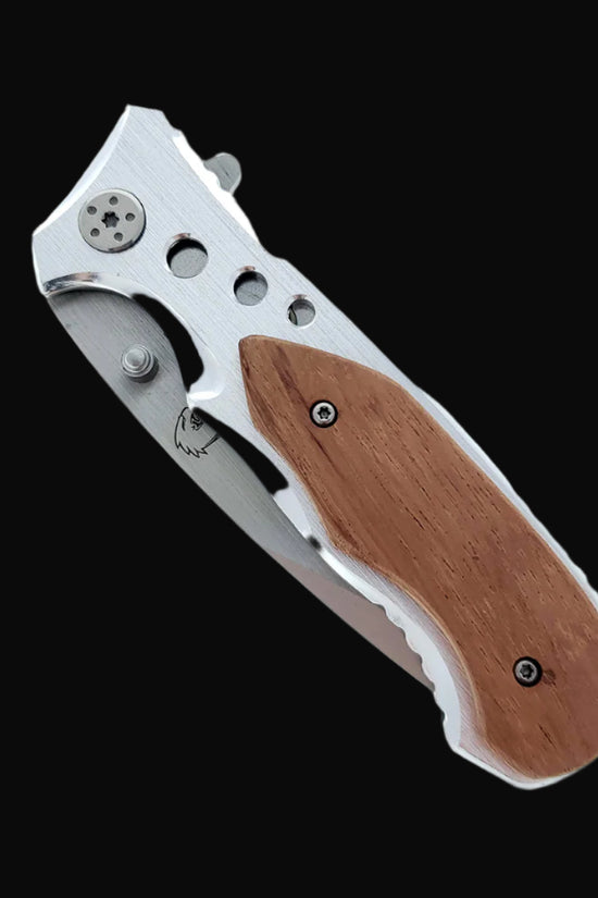 Falcon EDC knife wood handle spring assisted pocket knife with stainless steel blade and ergonomic design