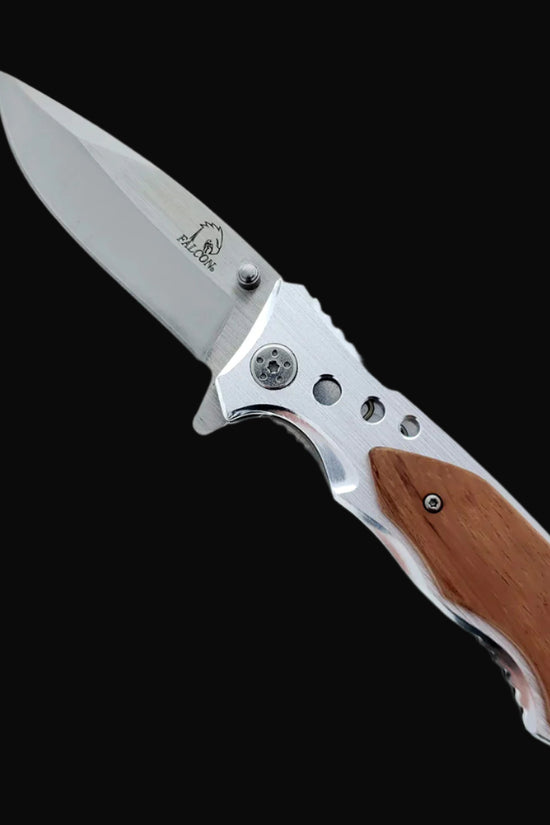 Falcon EDC knife wood handle spring assisted pocket knife with stainless steel blade open