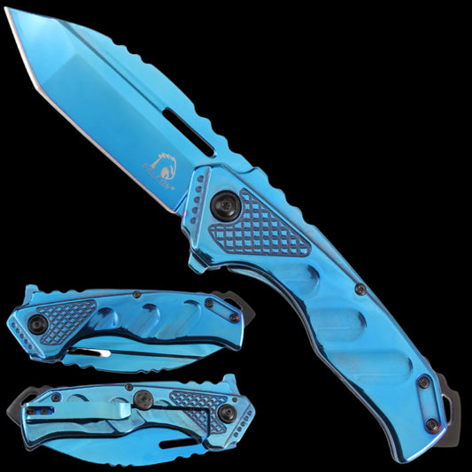 Guild Arms falcon EDC spring assisted knife in blue with textured grip and partially serrated blade