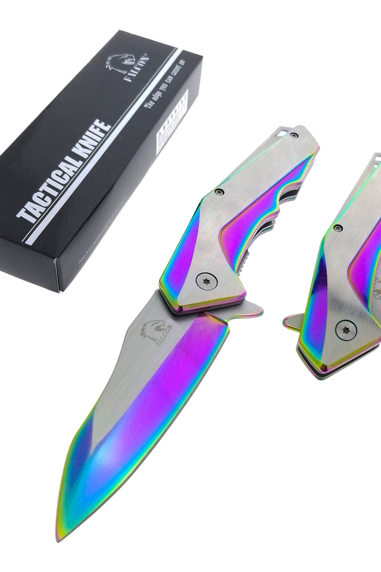 Falcon EDC rainbow spring assisted pocket knife displayed open and closed alongside Falcon tactical box