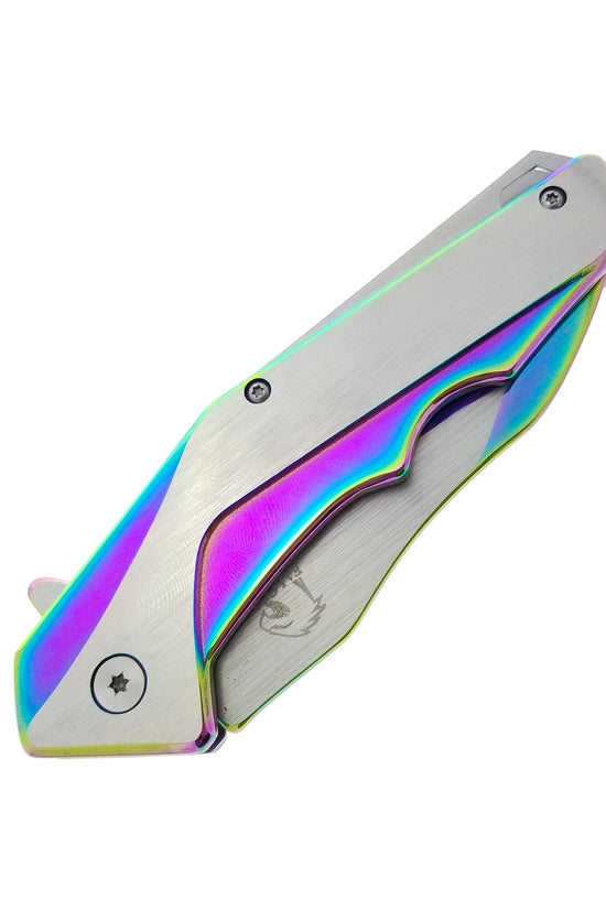 Falcon EDC rainbow spring assisted pocket knife closed stainless steel handle with rainbow accents and flipper