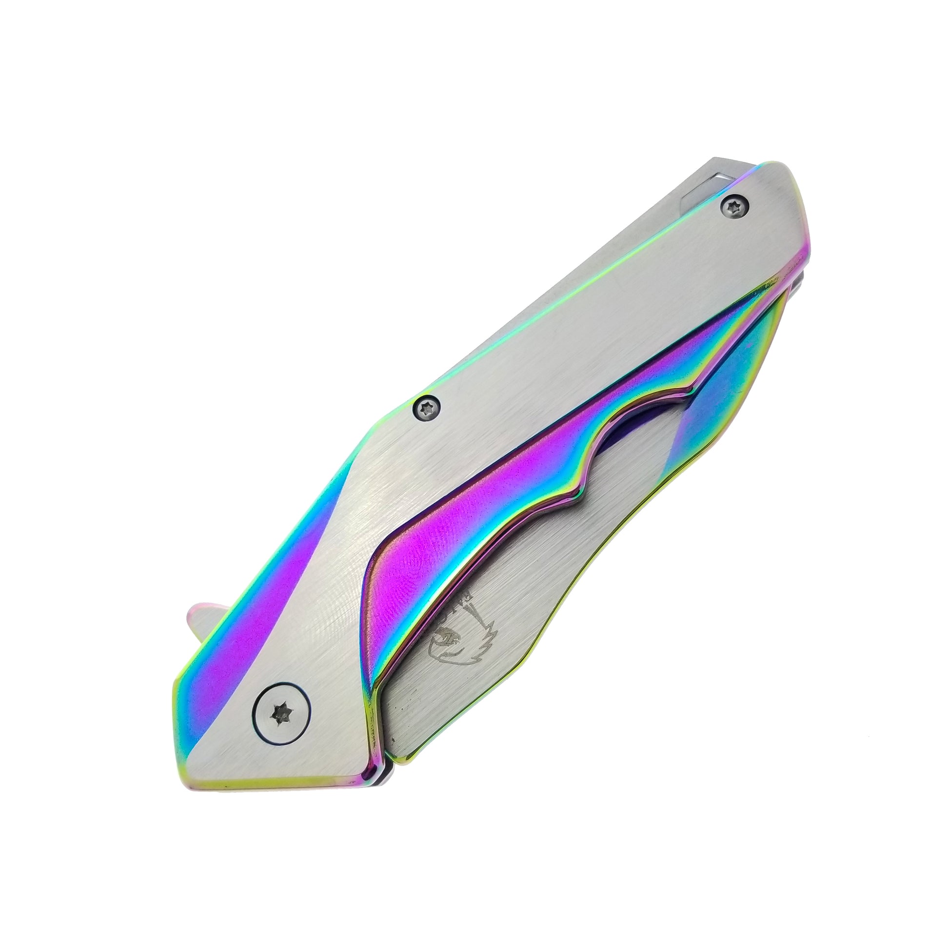 Falcon EDC rainbow spring assisted pocket knife closed stainless steel handle with rainbow accents and flipper