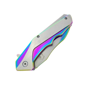 Falcon EDC rainbow spring assisted pocket knife closed stainless steel handle with rainbow accents and flipper